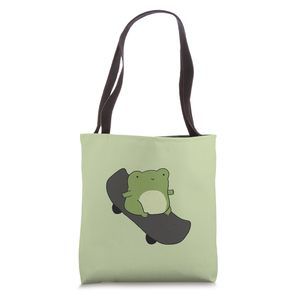 Cottagecore Aesthetics Cute Frog On Skateboard Tote Bag :[